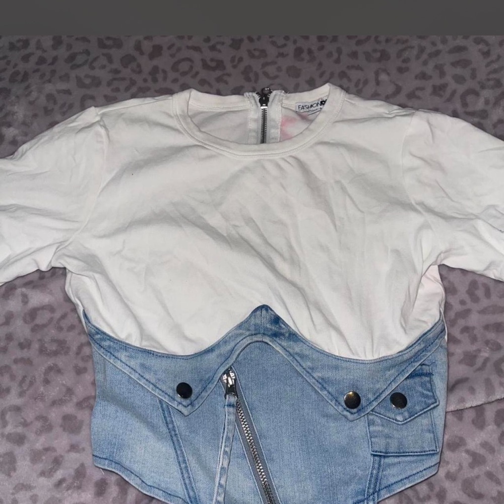 Fashion Nova corset White Top with Light Blue Denim Waist